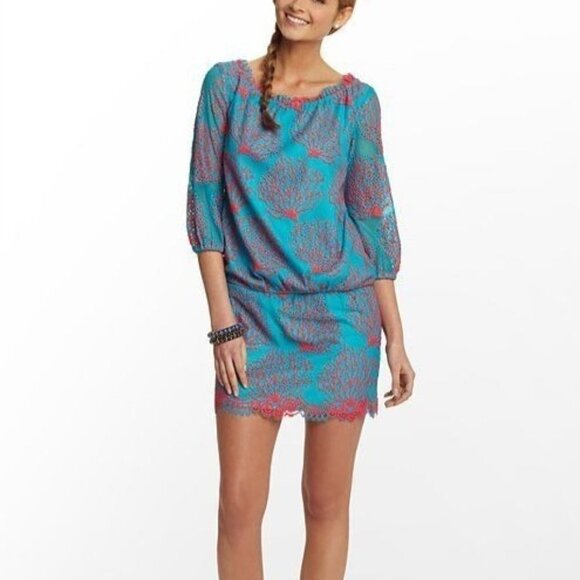 Lilly Pulitzer Cee Cee Dress Blue Snorkel Coral Mesh Lace Size 4 Drop Waist Long